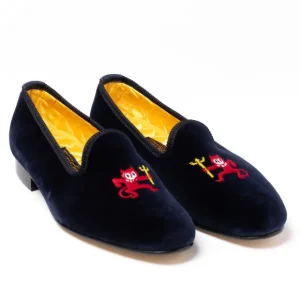 Bowhill u0026 Elliott Dunkelblaue Samt-Loafer „Little Red Devil" Mit Ledersohle Handma Fashion