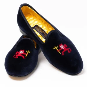 Bowhill u0026 Elliott Dunkelblaue Samt-Loafer „Little Red Devil" Mit Ledersohle Handma Fashion