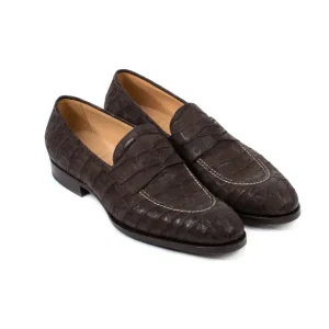 Saint Crispin's Pennyloafer „Kleid" Aus Dunkelbraunem Kroko-Wildleder Reine Handarbeit Fashion