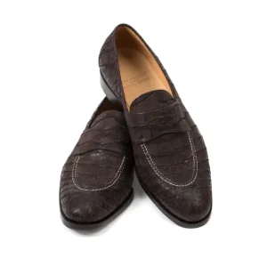 Saint Crispin's Pennyloafer „Kleid" Aus Dunkelbraunem Kroko-Wildleder Reine Handarbeit Fashion